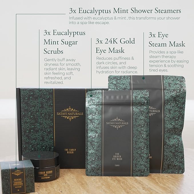 The Early Riser Self Care Kit - Includes Steam Eye Mask, Aromatherapy Shower Steamers, 24K Gold Eye Masks, Eucalyptus Mint Sugar Scrub - Morning Relaxation & Self Care Gifts for Women