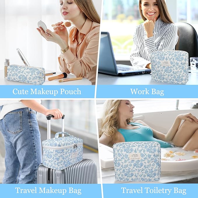 Makeup Bag Set, Quilted Makeup Bag, Large Floral Cosmetic Bag for Women, Cute Cotton Makeup Bags, Flower Travel Toiletry Organizer Bag (Blue Flower)