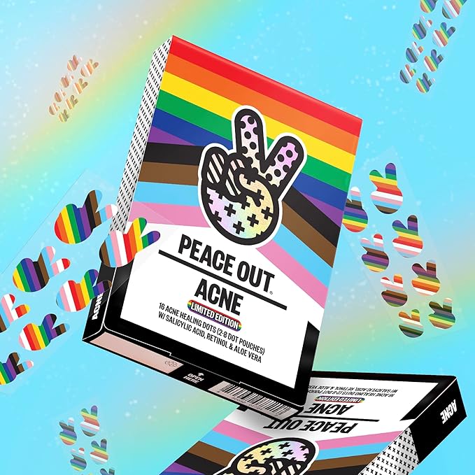 PEACE OUT Acne Healing Pride Dots Helps Clear Blemishes Overnight, Fast Acting Hydrocolloid Pimple Patches for Breakouts with Salicylic Acid, Retinol and Aloe Vera, Award Winning Skincare 16 Count