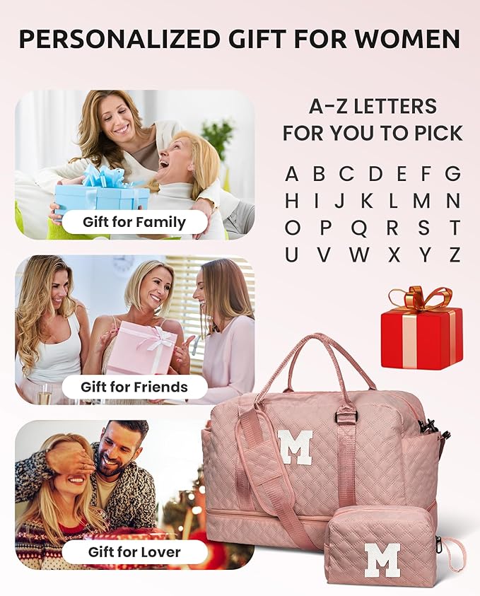 Gifts for Sister-Initial Duffle Bag with Shoe Compartment, Personalized Weekender Bag, Monogram Overnight Bag, Letter Travel Bag with Makeup Bag,Sister Friend Girlfriend Gifts (Letter N)