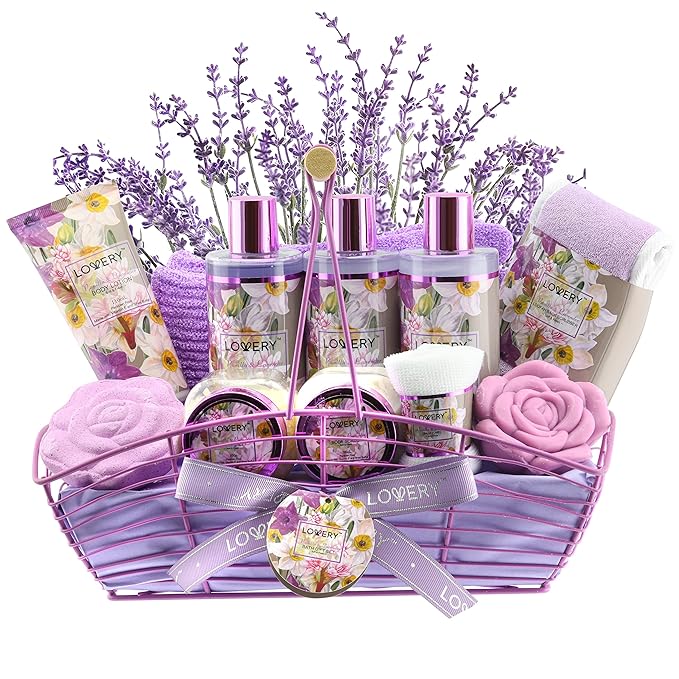 Gift Sets For Women, Gift Basket for Women & Men, Bath and Body Gift Basket, 13pc Vanilla Lavender Home Spa Set, Body Lotion, Bath Bomb, Shower Gloves Gift for Mom Thank You Birthday Gifts