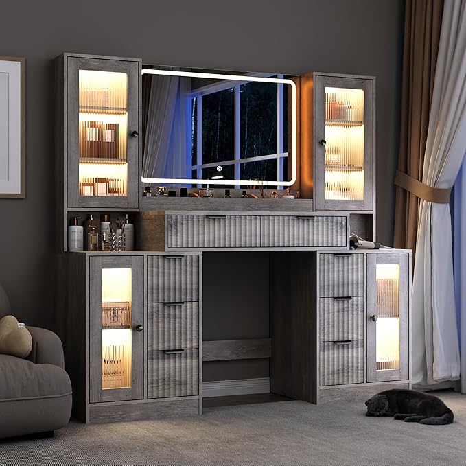 55" Vanity Desk with Mirror & Lights, Fluted Makeup Vanity with 8 Drawers & 4 Cabinets, Tempered Glass Top, RGB Cabinet Lighting, 3-Color Dimmable Mirror, and Charging Station (Gray Wash)