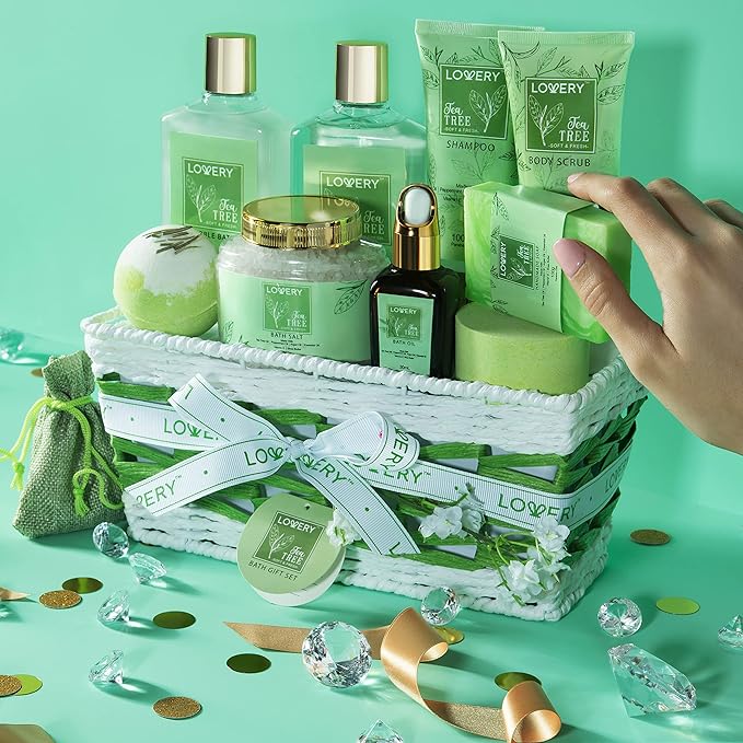 Tea Tree Bath Set - Luxury Home Spa Set with Calming Mint Fragrance – 15 pc Relaxation Gift Basket with Tea Tree Bath Oil,Shower Gel, Bubble Bath, Handmade Soap, Steamer Tablet, Potpourri & More