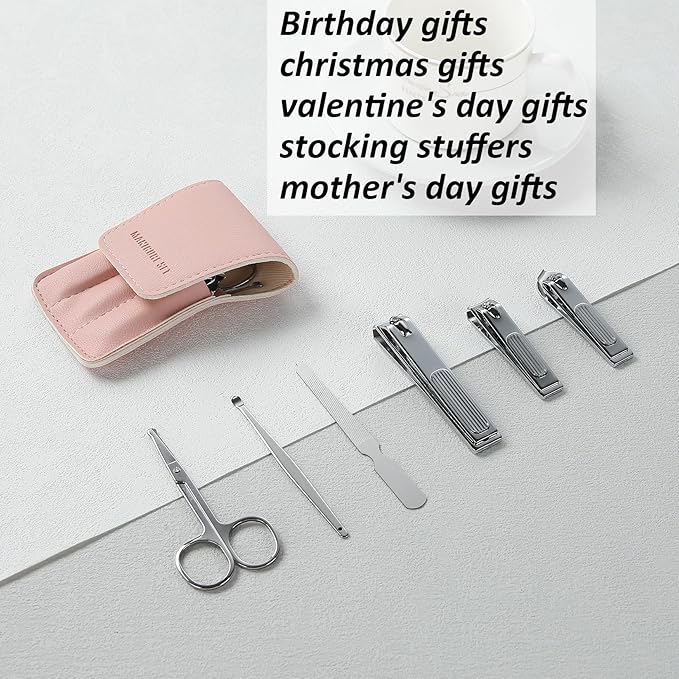Nail Clipper Set Gifts for Women, 6 Pcs Case Fingernail Clipper Christmas Stocking Stuffers for Adults (Pink)