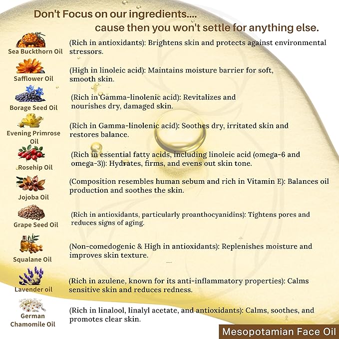 Civil Code Mesopotamian Face Oil – Organic Anti Aging Facial Oil for Women with Sea Buckthorn, Jojoba, Squalane & Lavender – Hydrating Skin Care for Dry Skin & Fine Lines – Natural Skincare 1oz