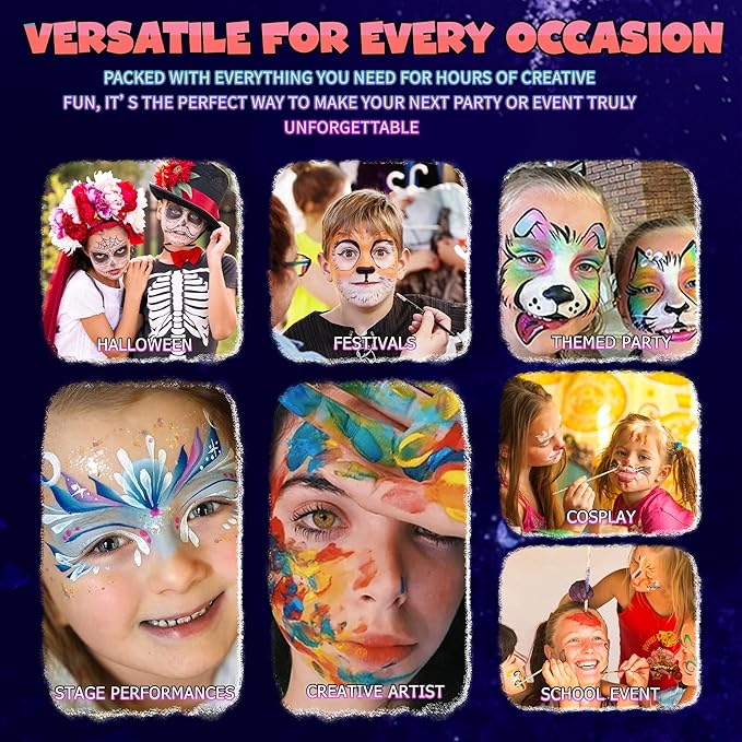 Vaneria 24 Colours Body & Face Paint Set - Quick-Drying,Water-Based Formula with Fluorescent Pens,Hair Coloring Combs,Glitter,Stencils & Brushes for Halloween, Party, Cosplay