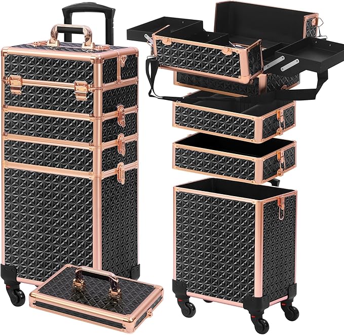 Rolling Makeup Case, Makeup Train Case with Lid, 5 in 1 Cosmetology Case on Wheels, Christmas Gift, Large Makeup Organizers, Profesional Cosmetic Case for Salon Barber, Black gold