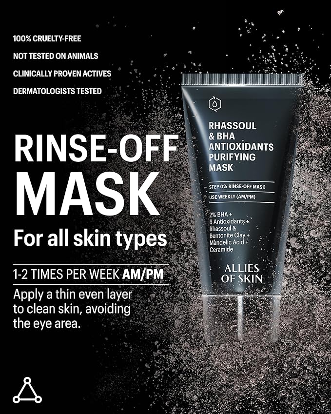 Allies of Skin 2% BHA & Rhassoul Clay Face Mask | Weekly Treatment to Reduce Pores and Blemishes | Control Breakouts, Acne and Blackheads | Hydrate and Retain Moisture (1.7 oz)