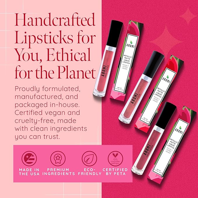 Aromi Metallic Liquid Lipstick | Rose Chestnut Lip Color with Shimmery Finish, Vegan, Cruelty-free, Long-lasting, Waterproof, Gluten Free (Alpine Bloom)