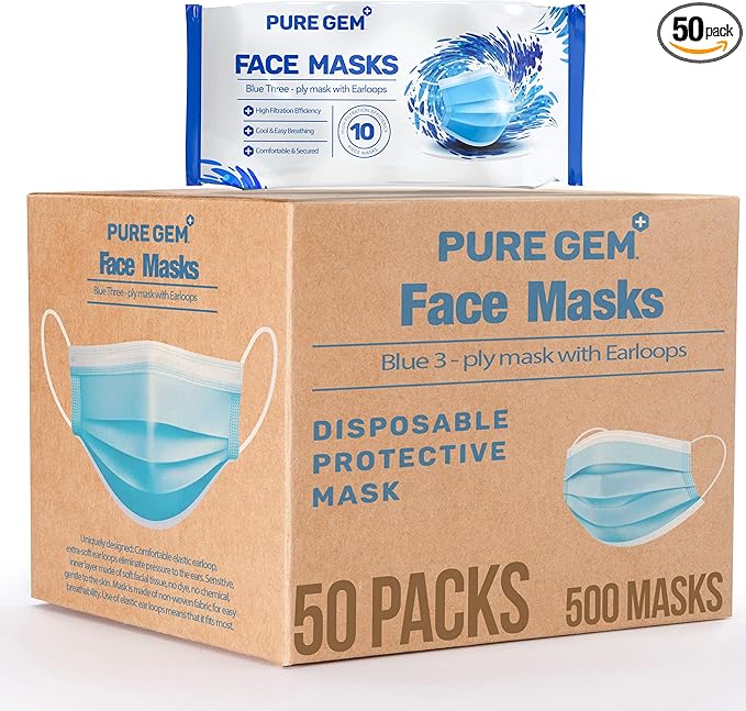 Premium Pack of 500 (50 x 10 Masks) Single Use Disposable Face Mask, Soft on Skin, Bulk Pack 3-Ply Masks Facial Cover with Elastic Earloops For Home, Office, School, and Outdoors (Pack of 500 Masks)