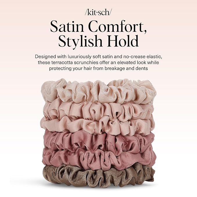 Kitsch Satin Scrunchies for Women - No Crease Hair Ties for Girls | Scrunchies For All Hair Types and Textures, Perfect for Day or Night | Ideal Gifts for Women - 6 Pcs, Terracotta