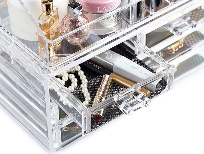 Masirs Clear Makeup Organizer - 16-Compartment Cosmetic and Jewelry Holder with 4 Drawers - Vanity Storage Box for Makeup, Skincare, Accessories, and Jewelry Display