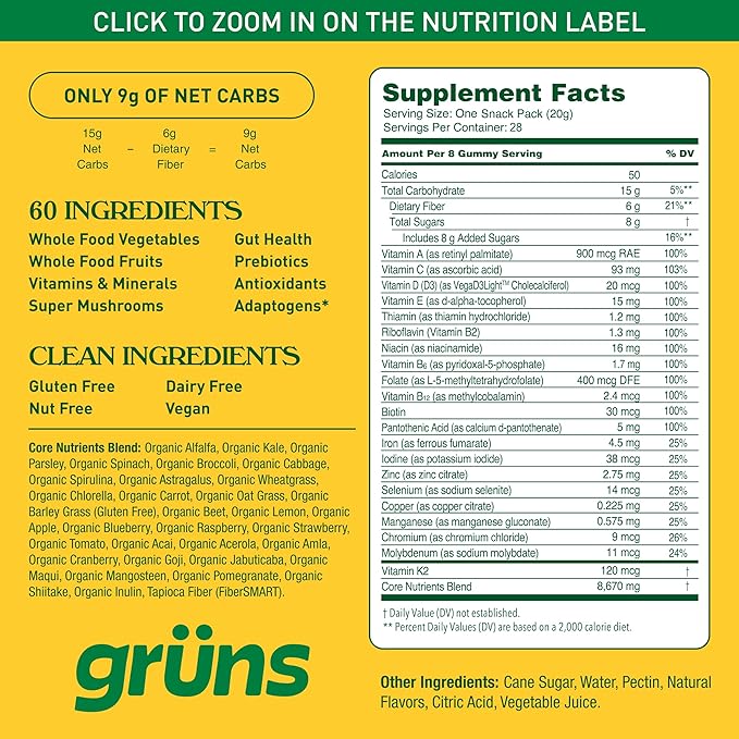 Gruns Adults Super Greens Multivitamin Gummies, Superfood Vitamin Gummy Bears with Spirulina, Chlorella, Prebiotic Fiber for Digestive Health, Adaptogens Supplement, 20 Vitamins & Minerals, 28 Count