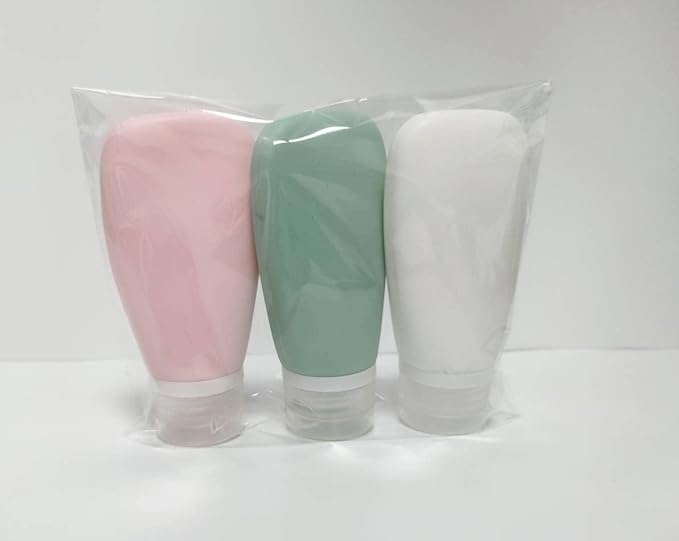Travel Bottles for Toiletries, TSA Approved 3oz Leak Proof Silicone Refillable Squeeze Travel Size Containers BPA Free Air Travel for Shampoo, Lotions, 3-pk (Pink-White-Teal)