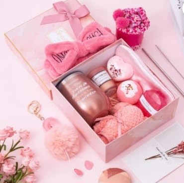 Pink Gift Set for Women with Tumbler, towel,sleep eye mask, cute bow headband,scented candle, rose gold mirror, Bath Accessories and Decorative Box