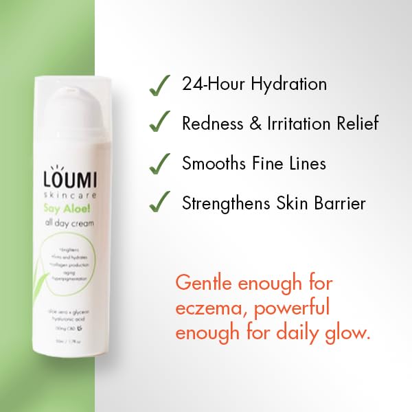 LOUMI Skincare Say Aloe All-Day Face Cream | Hydrating Aloe Vera & Hyaluronic Acid Moisturizer | Nourishes, Soothes & Softens Dry Skin | Natural, Vegan & Cruelty-Free | 1oz