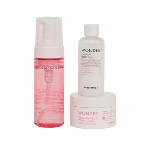 TONYMOLY Wonder Ceramide Mochi K-Beauty Skincare Set, 3-Piece Bundle with Bubble Cleanser, Milky Toner and Ceramide Moisturizer