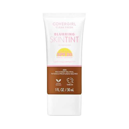 COVERGIRL Clean Fresh Blurring Skin Tint with SPF 30, 455 Rich/Deep Neutral, Liquid Foundation, Soft Matte Finish, Smooths, Brightens, Blurs Pores, Mineral Sunscreen, Vegan Formula