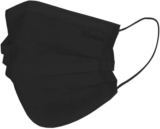 Litepak 2000pcs Disposable Face Masks Black 3-Ply Adult Mask Nose Wire Protection - Breathable Protective Face Covering