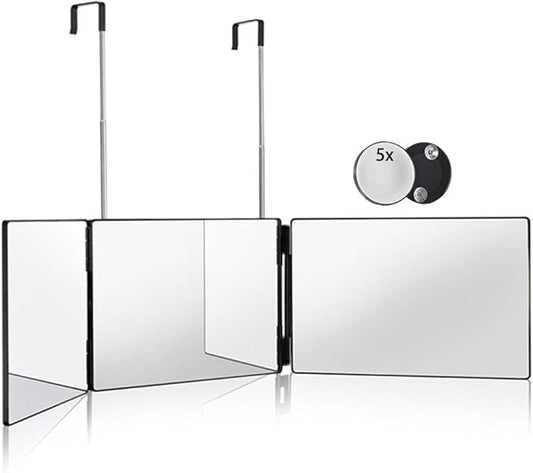 HIEEY 3 Way Mirror for Hair Cutting,360 Trifold Mirror with Height Adjustable Telescoping Hooks,and 5X Magnification,for Makeup, Hair Styling