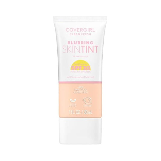 COVERGIRL Clean Fresh Blurring Skin Tint with SPF 30, 405 Fair Cool, Liquid Foundation, Soft Matte Finish, Smooths, Brightens, Blurs Pores, Mineral Sunscreen, Vegan Formula