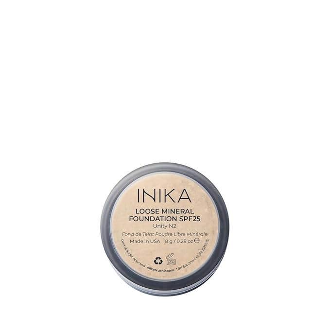 INIKA Organic Mineral Powder Foundation with SPF 25 - Vegan Makeup, Natural Looking, Buildable Coverage, Flawless Radiance & Glow, Blemish Coverage, Cruelty Free, Sustainable Packaging, Unity, 8g