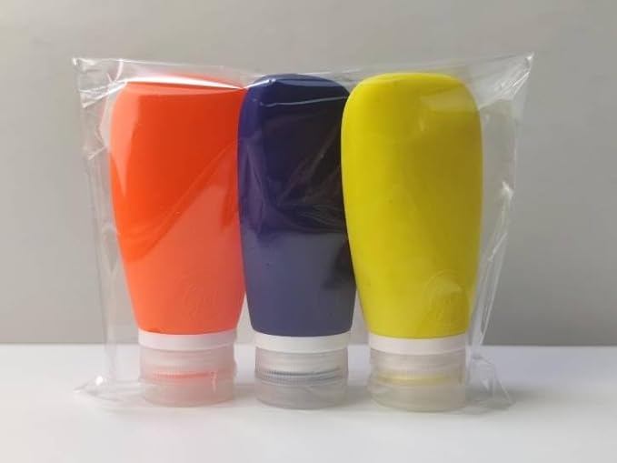 Travel Bottles for Toiletries, TSA Approved 3oz Leak Proof Silicone Refillable Squeeze Travel Size Containers BPA Free for Cleansers, Lotions, Shampoo 3pk (Orange-Blue-Yellow).