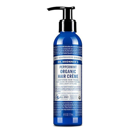 Dr. Bronner's - Organic Hair Crème (Peppermint, 6 Ounce) - Leave-In Conditioner and Styling Cream, Made with Organic Oils, Hair Cream Supports Shine and Strength, Nourishes Scalp, Non-GMO