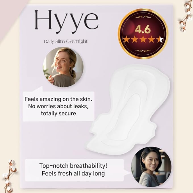 Hyye Overnight Ultra Thin Sanitary Pads with Wings, Heavy Flow Absorbency, Air Flow Cotton Soft Touch Cover, Unscented, Made in Korea (Overnight, 12 Count)