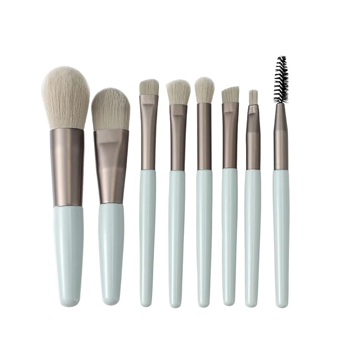 Travel Makeup Brush Set 7PCS Mini Size Premium Synthetic Fiber Foundation Blush Concealer Eyebrows Eye Shadow Angled brush Lip Make up Brush With Storage Bag (LightCyan)