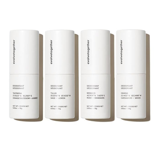 evolvetogether Aluminum Free Natural Deodorant for Women & Men | 4 Pack Travel Set | Neutralizes Odors, Soothes Skin | Vegan, Cruelty-Free, Baking Soda Free | Made in USA (Discovery)