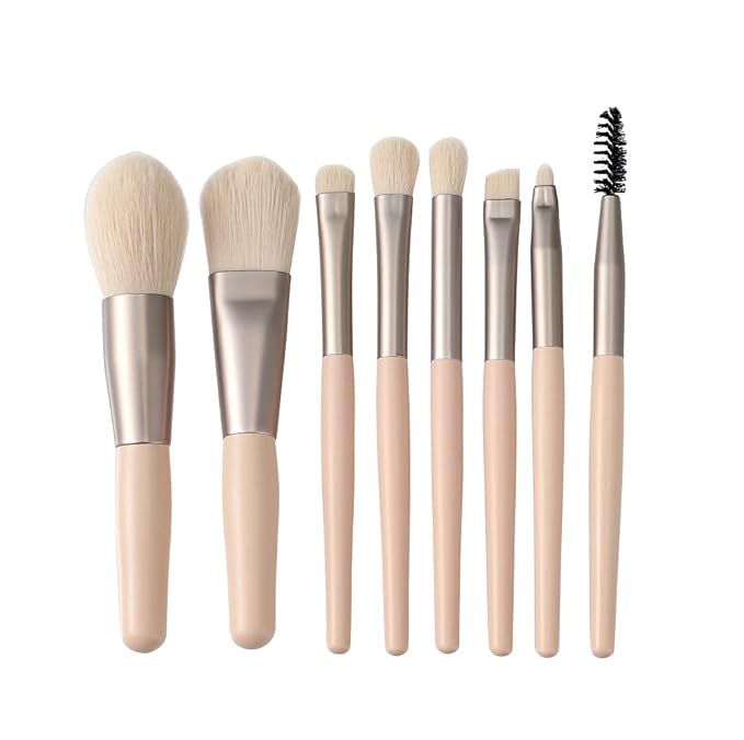 Travel Makeup Brush Set 7PCS Mini Size Premium, Synthetic Fiber Foundation Blush Concealer Eyebrows Eye Shadow Angled brush Lip Make up Brush With Storage Bag (Light Pink) 8 Piece Set