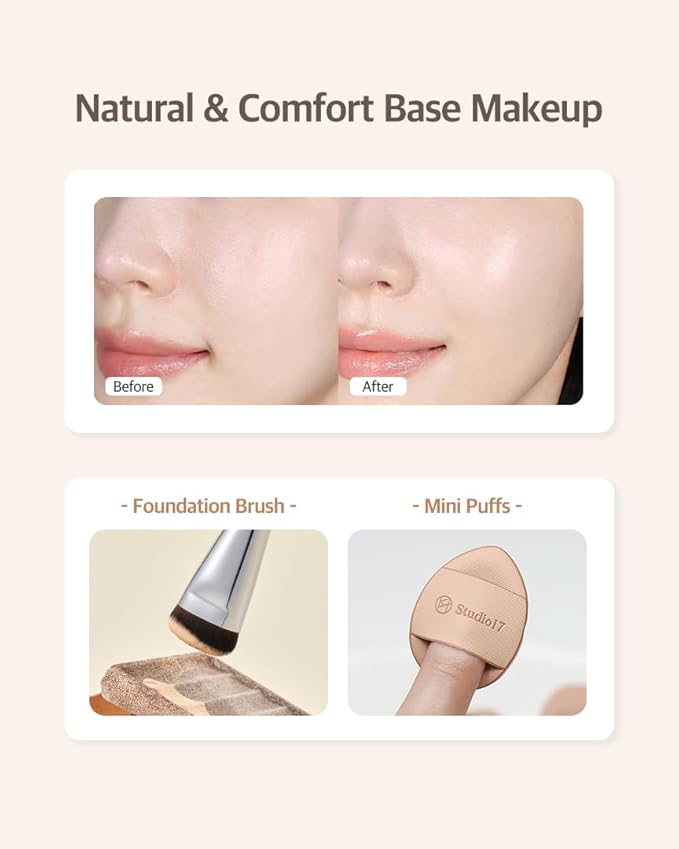 Mini Flat Foundation Brush & Small Puff Set | Small Makeup Brush Set with 4 Mini Sized Puffs | Kit for Liquid Foundation Makeup for Base | 0.06mm Micro Synthetic Bristle & Case Pack Included