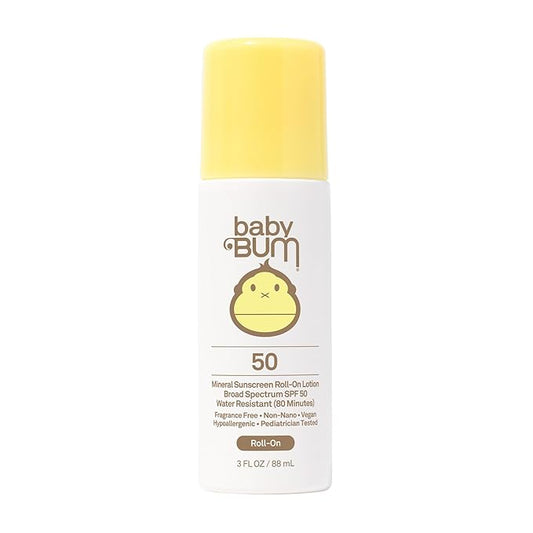 Sun Bum Baby Bum Mineral SPF 50 Roll-On Sunscreen - Vegan and Hawaii 104 Act Compliant (Without Octinoxate & Oxybenzone) - Broad Spectrum Moisturizing UVA/UVB - Roller Ball Sunscreen Lotion - 3 oz