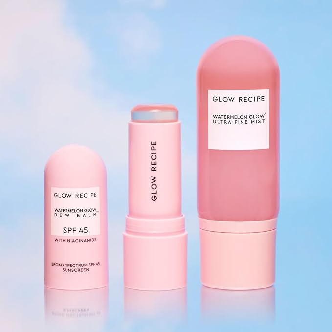 Glow Recipe Beach Bag Essentials Beauty Kit - SPF Dew Balm Sunscreen Stick (0.58 oz) + Ultra Fine Watermelon Setting Mist Facial Spray (2.5 oz) - Protect from UVA Rays & Prep Makeup Routine