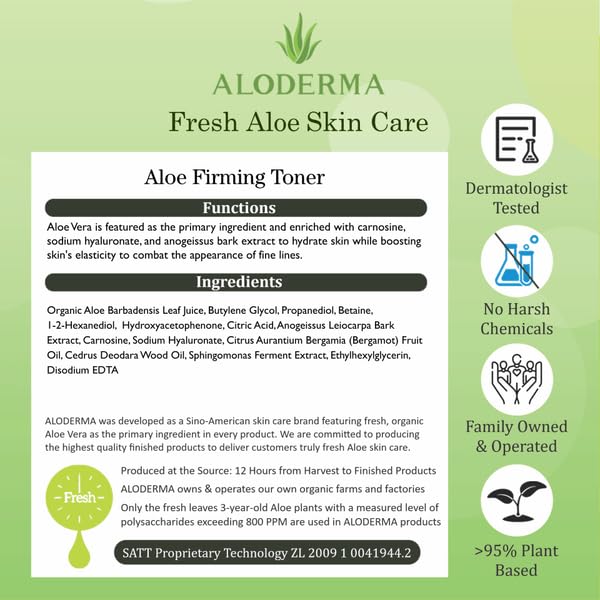 Aloderma Firming Skin Toner with 91% Organic Aloe Vera - Natural Facial Toner for Women with Natural Botanicals to Diminish The Appearance of Fine Lines & Wrinkles - Aloe Vera Facial Toner - 4.2oz