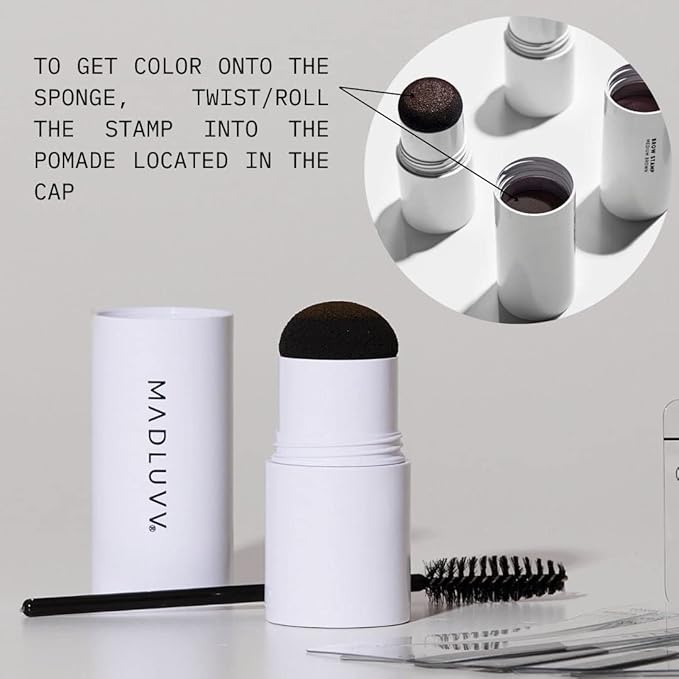 MADLUVV Brow Stamp Kit with Brow Stencils – Easy Eyebrow Shaper for Natural-Looking Brows – Popular Eyebrow Stencil Kit Used by Professionals – 9 Shapes, Spoolie, Travel Bag & Stamp (Brunette)