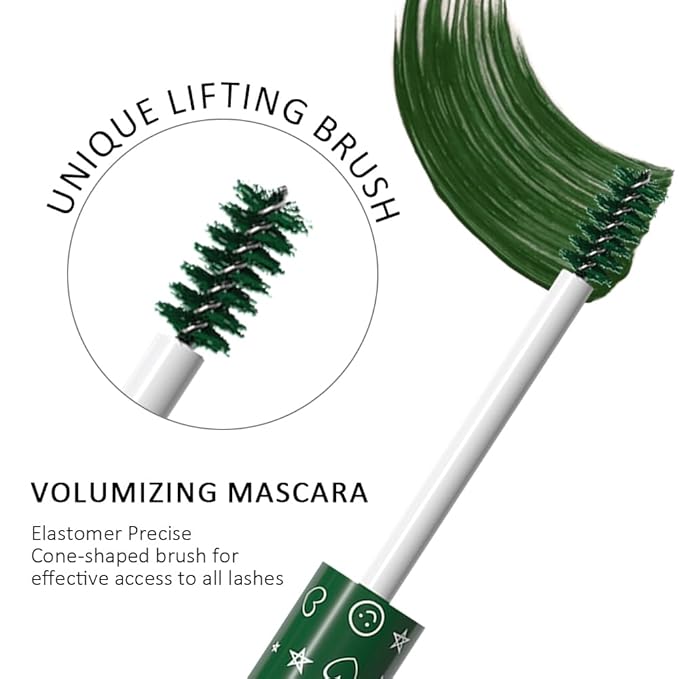 Green EyeLashes Mascara, Waterproof Long lasting Charming Voluminous Cruelty Free Vegan Green Eye Makeup, Mmascara Waterproof