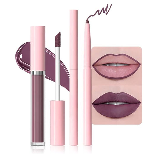 AMY'S DIARY 2pcs Purple Lip Liner & Lipstick Makeup Set, Liquid Lipstick 24H and Lip Liner Set Matt Liquid Lips Make Up Waterproof Long Lasting (06#, 2 Pcs Set)