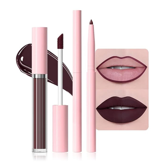 AMY'S DIARY 2pcs Matte Dark Red Lip Liner & Lipstick Makeup Set, Liquid Lipstick 24H and Lip Liner Set Matt Liquid Lips Make Up Waterproof Long Lasting (11#, 2 Pcs Set)