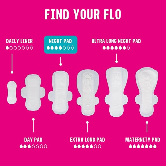 Flo Bamboo Night Period Pads with Wings (80 Pads) - Super Absorbent, Soft, Thin