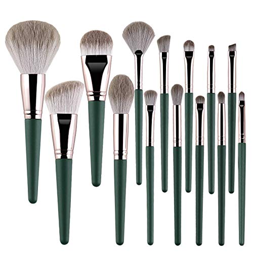 Professional Makeup Brush Set, 13 Pieces, Green Handle with Silver Ferrule, Travel Case Included