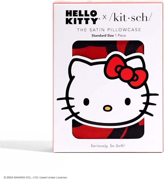 Kitsch x Hello Kitty Sea of Bows - Satin Pillowcase with Zipper for Hair and Skin, Softer Than Silk, Smooth Cooling Pillow Covers, Machine Washable - Queen/Standard Size (19x26)