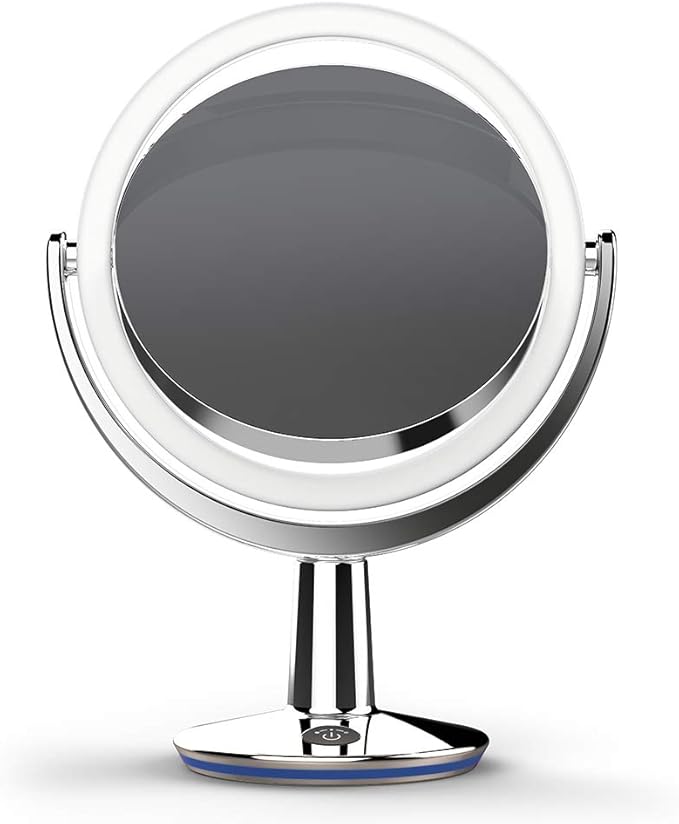 SuperGlow 9" Round Shaped Dual-sided Lighted Makeup Mirror, 1X/5X Magnifying Vanity Mirror, Brightness 1000Lux, 360 Degree Rotating Adjustable Brightness Mirror, Brushed Nickel Finish