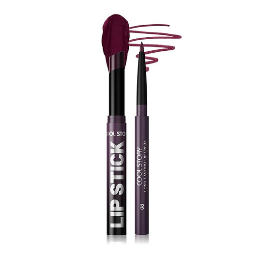 COOL STORY 2 Piece Lip Liner and Lipstick Set, Long Lasting Formula, Professional Makeup Kit (08)
