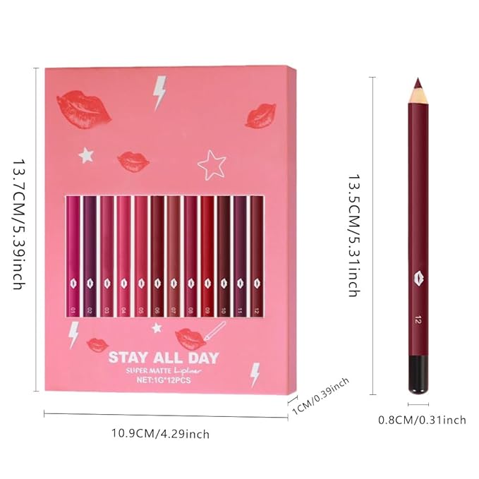 evpct 12Pcs Matte Waterproof Lip Liner Crayon Pencils Set Packs for Shaping & Sculpting Lips, Nude Pink Chestnut Maroon Dark Taupe Brown Plum Purple Deep Red Creamy Lipstick and Lip Liner Set