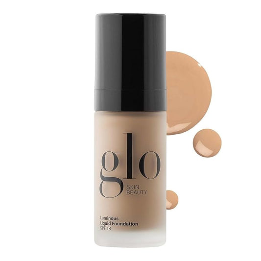 Glo Skin Beauty Luminous Liquid Mineral Foundation Makeup with SPF 18 (Almond) - Improves Uneven Skin Tone, Smooths & Corrects Imperfections, Sheer to Medium Coverage, Dewy Finish