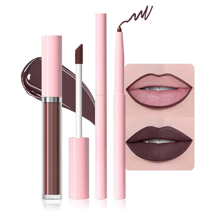 AMY'S DIARY 2pcs Chocolate Lip Liner & Lipstick&Shiny Clear Lip Oil Makeup Set, Liquid Lipstick 24H and Lip Liner Set Matt Liquid Lips Make Up Waterproof Long Lasting (02#, 2 Pcs Set)