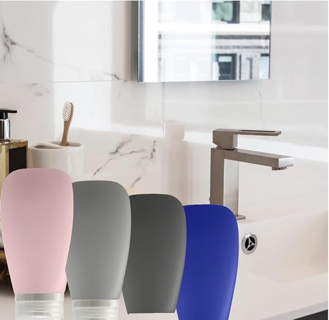 Travel Bottles for Toiletries, TSA Approved 3oz Leak Proof Silicone Refillable Squeeze Travel Size Containers BPA Free for Cleansers, Lotions, Shampoo 4pk color (P,G,Blk,Blue)