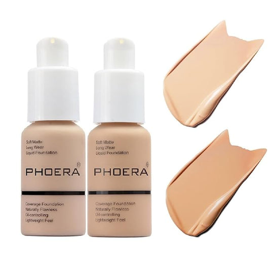 2 Pack PHOERA Foundation 102# Nude and 104# Buff Beige,Full Coverage Flawless Soft Matte 24 HR Oil Control Waterproof Concealer Liquid Foundation Makeup. ﻿